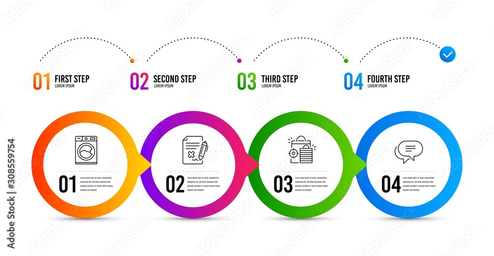 Reject file, Seo shopping and Washing machine line icons set. Timeline infographic. Text message sign. Decline agreement, Analytics, Laundry service. Chat bubble. Technology set. Vector Reject file, Seo shopping and Washing machine line icons set. Timeline infographic. Text message sign. Decline agreement, Analytics, Laundry service. Chat bubble. Technology set. Vector
