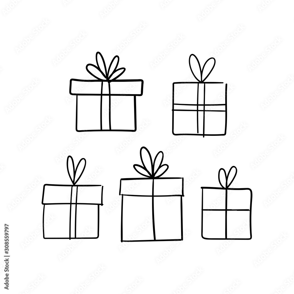 Christmas gift box doodle. Hand drawn present with ribbon illustration. Merry Xmas decorative element. Christmas gift box doodle. Hand drawn present with ribbon illustration. Merry Xmas decorative element.