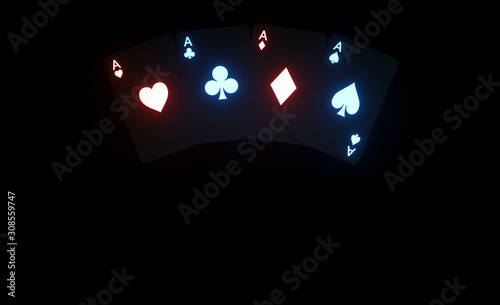 4 Aces Playing Cards With Futuristic Glowing Neon Lights Isolated On The Black Background - 3D Illustration