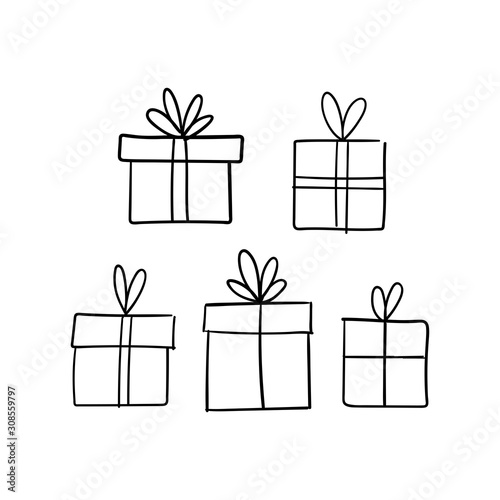 Christmas gift box doodle. Hand drawn present with ribbon illustration. Merry Xmas decorative element.