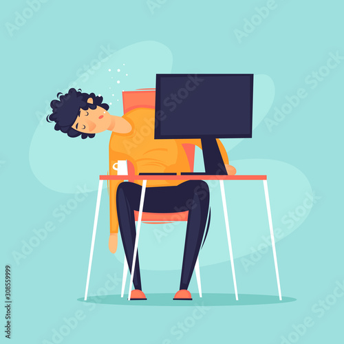Fatigue, office worker fell asleep at the computer, a lot of work, stress. Flat design vector illustration.