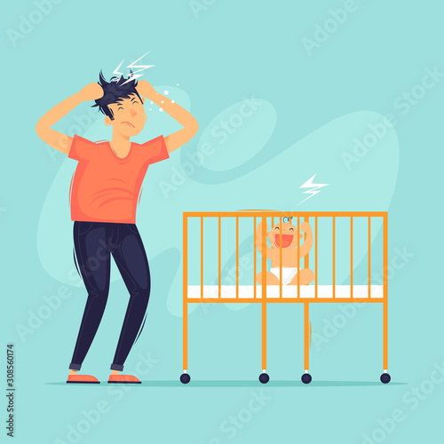 Child is naughty, the man is annoyed. Flat design vector illustration.