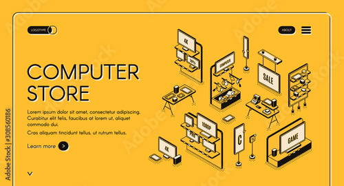 Computer store isometric landing page. Empty mall interior with electronic production on shelves, game panels, monitors and gadgets for gaming, counter desk 3d vector line art illustration, web banner