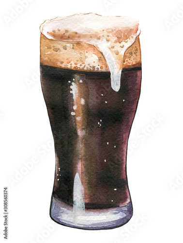 Oktoberfest. Watercolor illustration with glass of stout in picturesque style for bar. Drink menu for celebration. Beer poster.