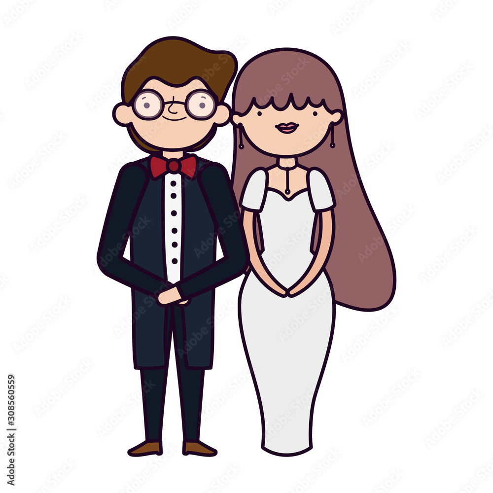 wedding couple, bride and groom in elegant suits cartoon