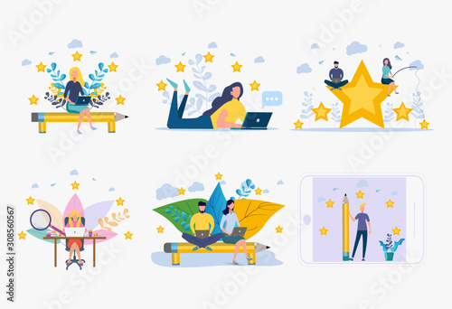 Colorful illustration on white background. The best performance score, a score of five. people leave reviews and comments, the highest rating for successful work. Earth Day hour , green planet.