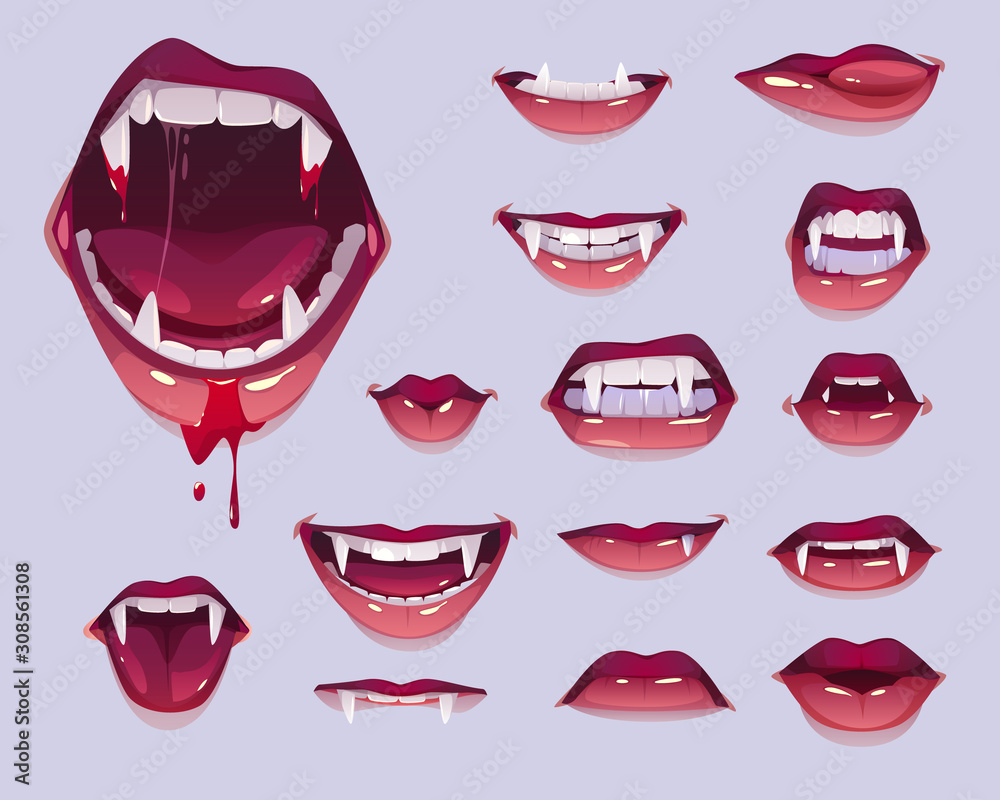 Vampire mouth with fangs set. Closed, open female red lips with long pointed canine teeth and bloody saliva express different emotions isolated on grey background Cartoon vector illustration, clip art - obrazy, fototapety, plakaty 