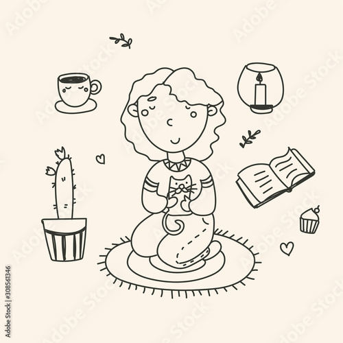 Cozy vector illustration is made in the style of freehand drawing. Cute girl with a kitten, home comfort, Cup, flower, candle, book.