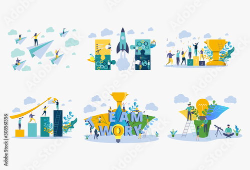 People build a rocket spacecraft. Solid teamwork in a startup. Vector colorful business illustration