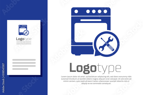 Blue Oven with screwdriver and wrench icon isolated on white background. Adjusting, service, setting, maintenance, repair, fixing. Logo design template element. Vector Illustration