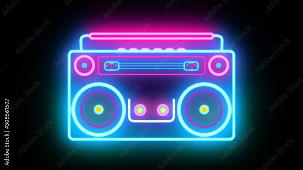 Abstract neon Retro Boombox Music Tape Recorder Radio Old Vintage cassette player for partys and dance occasions. Ghetto blaster with looping vibrating speakers and rolling cassette. Seamless VJ loop Abstract neon Retro Boombox Music Tape Recorder Radio Old Vintage cassette player for partys and dance occasions. Ghetto blaster with looping vibrating speakers and rolling cassette. Seamless VJ loop