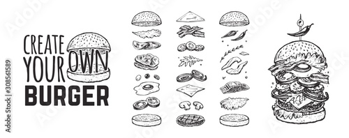 Burger menu. Vintage template with hand drawn sketches of a hamburger and its ingredients. Engraving style icons - bun, cutlet, cucumbers, tomatoes and cheese.