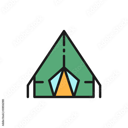 Vector camping tent, travel pavilion flat color line icon.