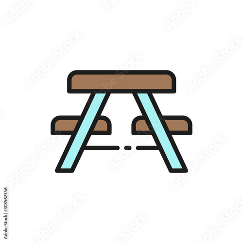 Vector picnic table with benches flat color line icon.