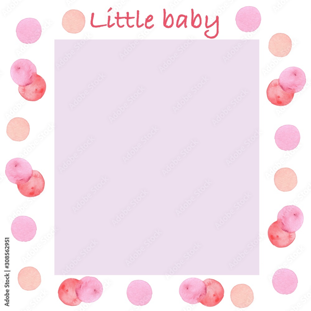 Frame with watercolor pink and red circles on white background 