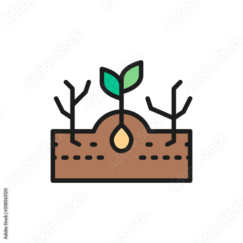 Plant with weeds, weed control flat color line icon.