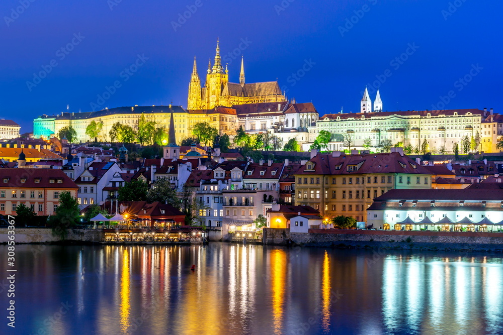 Prague Castle with St. Vitus Cathedral over Lesser town (Mala Strana) at night, Czech Republic