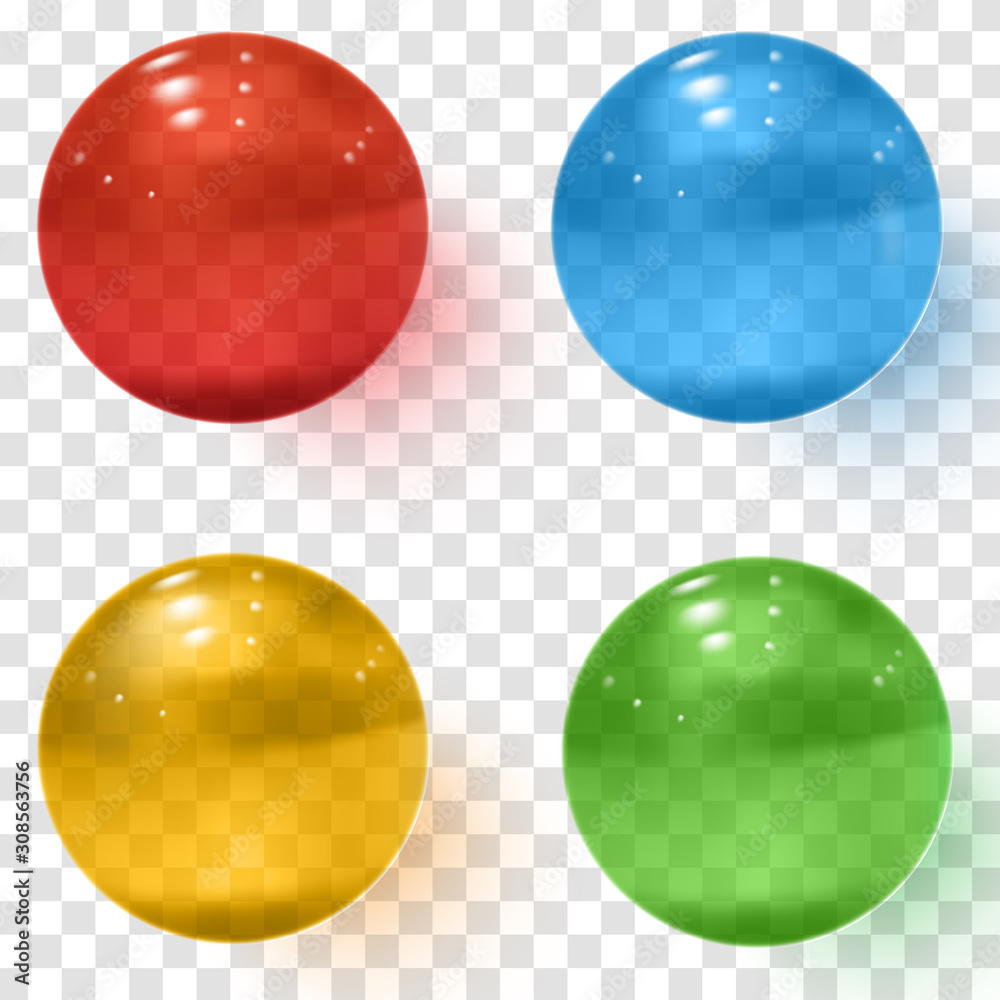 Set of multicolored transparent glass spheres with shadows Set of multicolored transparent glass spheres with shadows