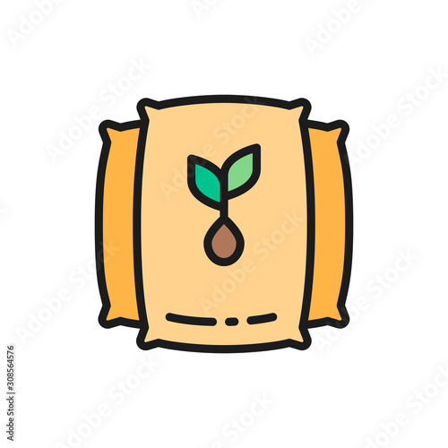Vector bag with seeds, harvest flat color line icon.