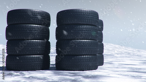 Winter tires on a background of snowstorm, snowfall and slippery winter road. Winter tires concept. Concept tyres, winter tread. Wheel replacement. Road safety. 3d illustration with falling snow © rost9