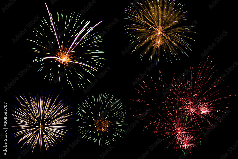 Festive patterned firework bursting in various shapes sparkling pictograms set. Colorful assorted fireworks selection on a black background. Festive patterned firework bursting in various shapes sparkling pictograms set. Colorful assorted fireworks selection on a black background.