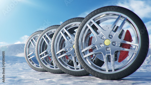 3d illustration winter tires on a background and slippery winter road. Winter tires concept. Concept tyres, winter tread. Wheel replacement. Road safety.