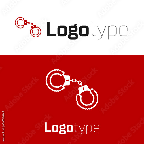 Red Sexy fluffy handcuffs icon isolated on white background. Handcuffs with fur. Fetish accessory. Sex shop stuff for sadist and masochist. Logo design template element. Vector Illustration