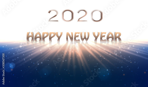Happy new year 2020 banner. Sunrise background as simbol of new houps. Shiny numbers in vector format.