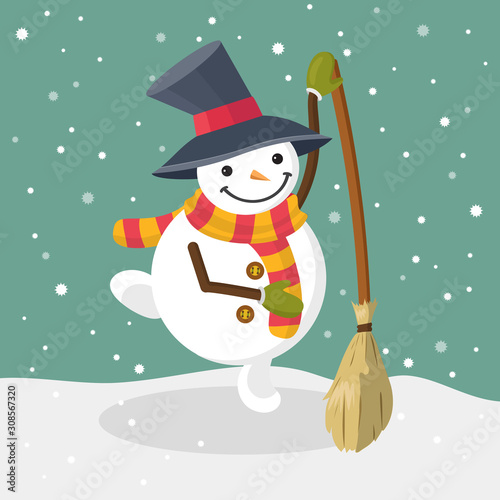 Cartoon snowman with big hat and striped scarf dancing with broom. Happy New Year or Merry Christmas greeting card. Vector flat illustration