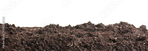 Soil closeup isolated on white. Earth background. Blank for your creativity photo