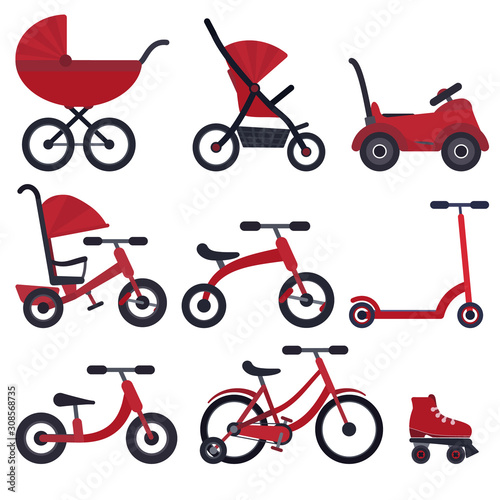 Bright red flat baby transport set for kids since birth till school. Color vector childrens transport - carriage, stroller, bicycle, rollers for educational books and apps, presentation, banner design