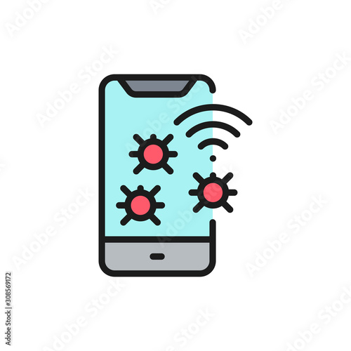 Vector phone virus, mobile spam flat color line icon.