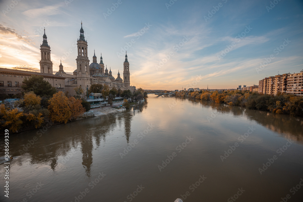 Zaragoza November 29, 2019, Rio Ebro as it passes through the city of Zaragoza