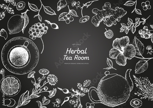 Herbal Tea shop frame vector illustration. Vector design with herbal tea ingredients. Hand drawn sketch collection. Engraved style.