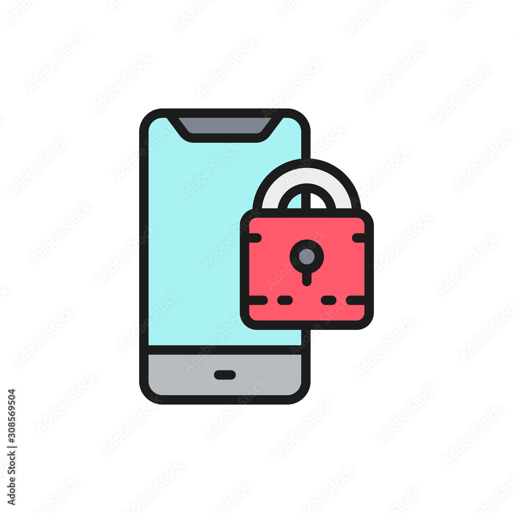 Padlock with phone, locked smartphone flat color line icon. Padlock with phone, locked smartphone flat color line icon.