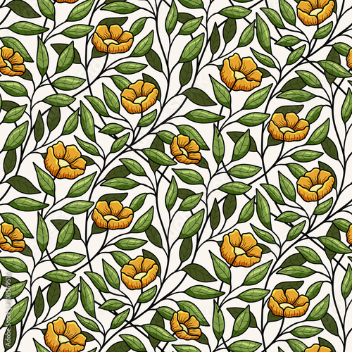 Flowers and leaves, intertwined floral seamless vector pattern, poppies, roses