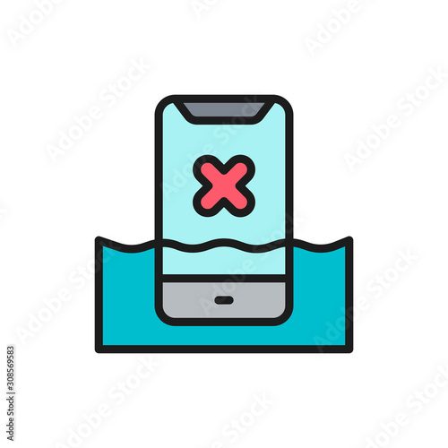 Smartphone in water, liquid damaged phone flat color line icon.