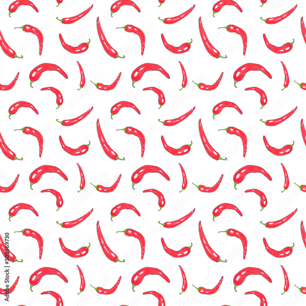 Seamless pattern with hot red pepper. Hand-drawn illustration for printing on fabric, clothing, tableware, wrapping paper, Wallpaper. Cute baby background. Seamless pattern with hot red pepper. Hand-drawn illustration for printing on fabric, clothing, tableware, wrapping paper, Wallpaper. Cute baby background.