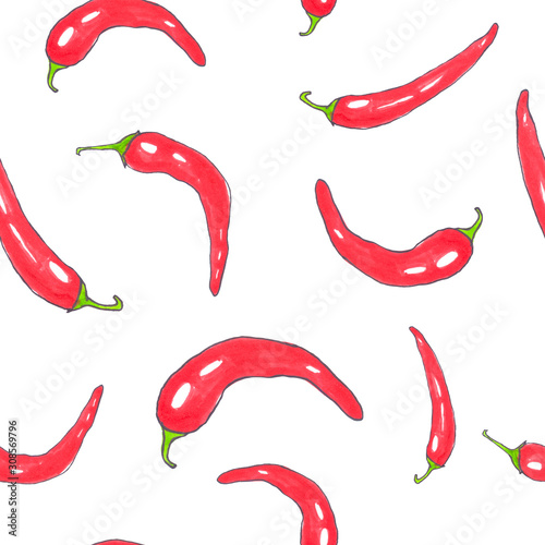 Seamless pattern with hot red pepper. Hand-drawn illustration for printing on fabric, clothing, tableware, wrapping paper, Wallpaper. Cute baby background.