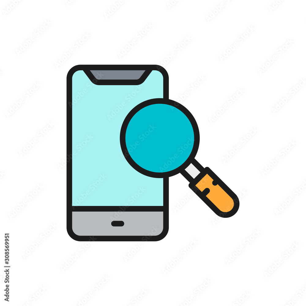 Smartphone with loupe, search phone flat color line icon. Smartphone with loupe, search phone flat color line icon.