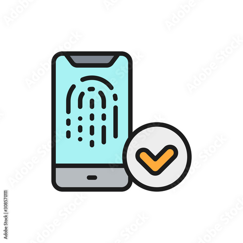 Unlocking the smartphone fingerprint, finger print identification flat color line icon.