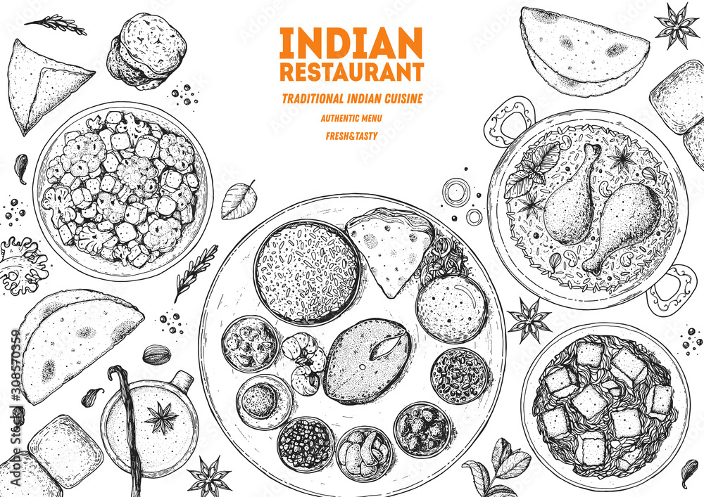 Indian food illustration. Hand drawn sketch. Vector illustration. Menu