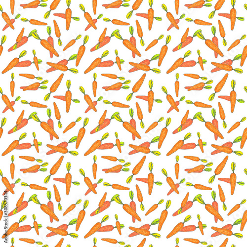 Seamless pattern with vegetable carrot. Hand-drawn illustration for printing on fabric, clothing, tableware, wrapping paper, Wallpaper. Cute baby background.