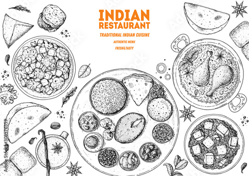 Indian food illustration. Hand drawn sketch. Vector illustration. Menu background.