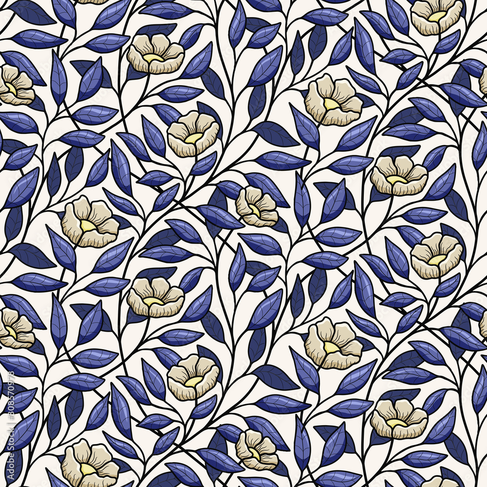 Foto auf Acrylglas mit Blumen und Blätter, ineinander verschlungenes florales nahtloses Vektormuster, Mohnblumen, Rosen #308570978