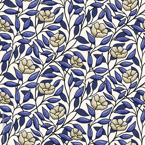 Flowers and leaves, intertwined floral seamless vector pattern, poppies, roses