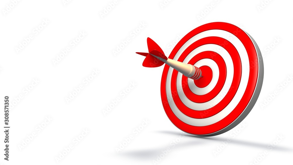 3D rendering of target and Darts in the center. Free space for text. Isolated illustration on a white background, the idea of success, victory, hitting the target. composition for advertising. 3D rendering of target and Darts in the center. Free space for text. Isolated illustration on a white background, the idea of success, victory, hitting the target. composition for advertising.