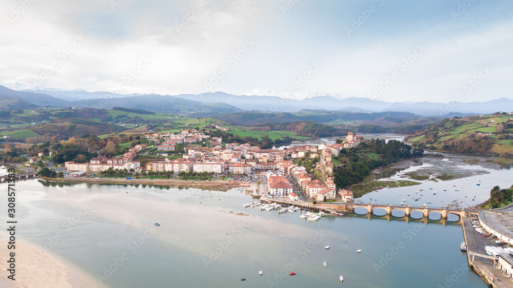 aerial view of san vicente de la barquera town, Spain