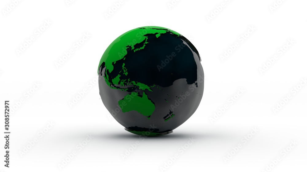 3D rendering of the model of continents, continents of the planet Earth. In the center is a black sphere, a symbol of wealth, mineral deposits, hydrocarbons. Illustration isolated on white background