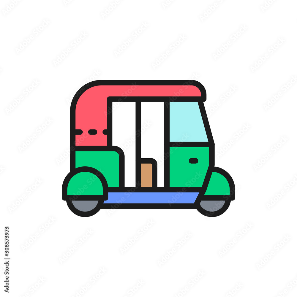 Tuk tuk car, traditional public transport in India flat color line icon.